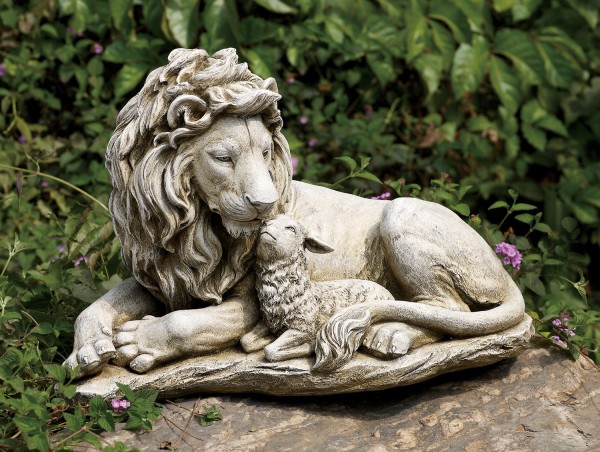 Lion and Lamb Garden Statue - 12.25 - Stone Finish