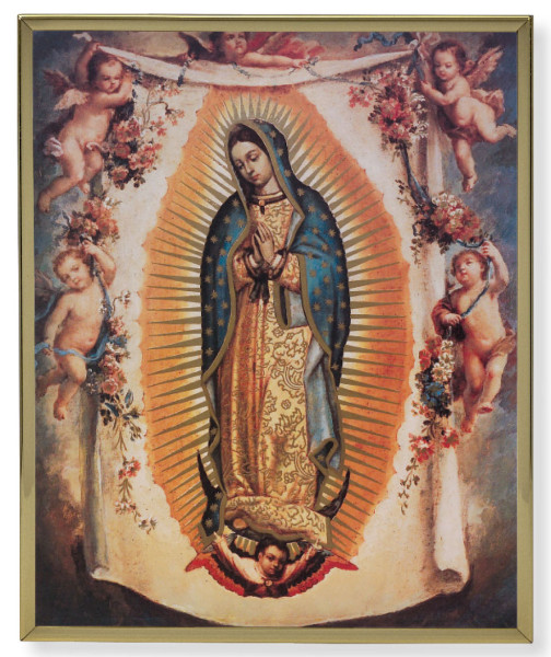 Our Lady of Guadalupe with Angels Gold Frame Plaque - 2 Sizes - Full Color