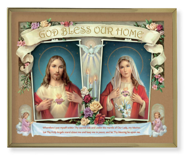 Sacred Hearts House Blessing Gold Frame Plaque - 2 Sizes - Full Color