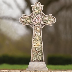 Graceful 26-Inch Resin Stone Garden Cross with Roses [GAR1038]