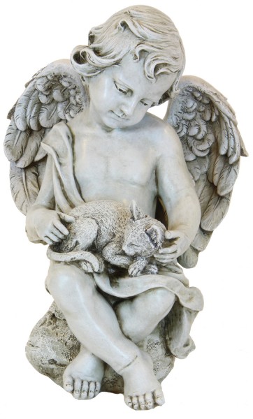 Angel Cherub with Kitten Garden Statue - 12 inch - Stone Finish
