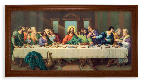 Church Size Last Supper Walnut Finish Framed Art - Textured Artboard