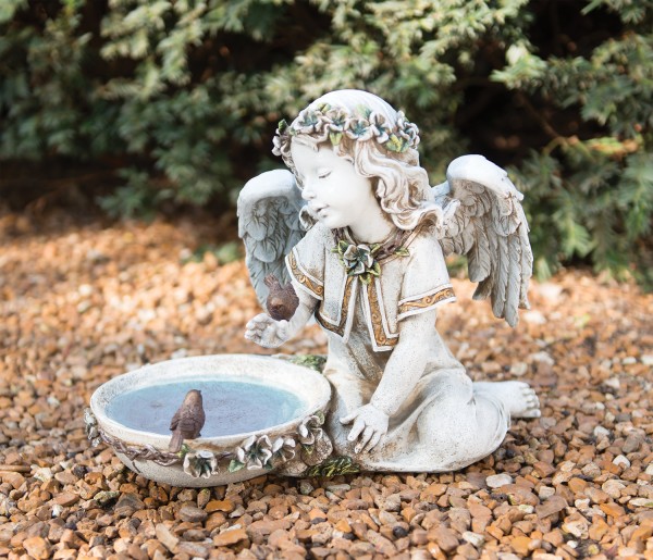 Seated Garden Angel with Solar Light Bird Bath Statue 10&quot; - Multi-Color