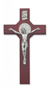 St. Benedict 10 1/2 inch Silver Tone Stained Cherry Wood Wall Crucifix [CRX3201]